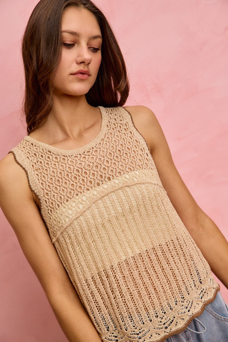 Oatmeal crochet lace sleeveless sweater vest with textured yoke and curved bottom hem