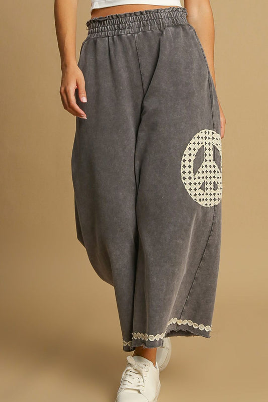 Peace Lace Applique Mineral Wash Wide Leg Pants - Tigbul's Variety Fashion Shop