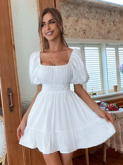 Square Neck Puff Sleeve Mini Dress - Tigbul's Variety Fashion Shop