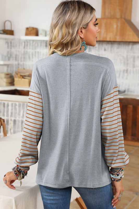 Colorblock Striped Bishop Sleeve Side Slits Top - Tigbul's Variety Fashion Shop