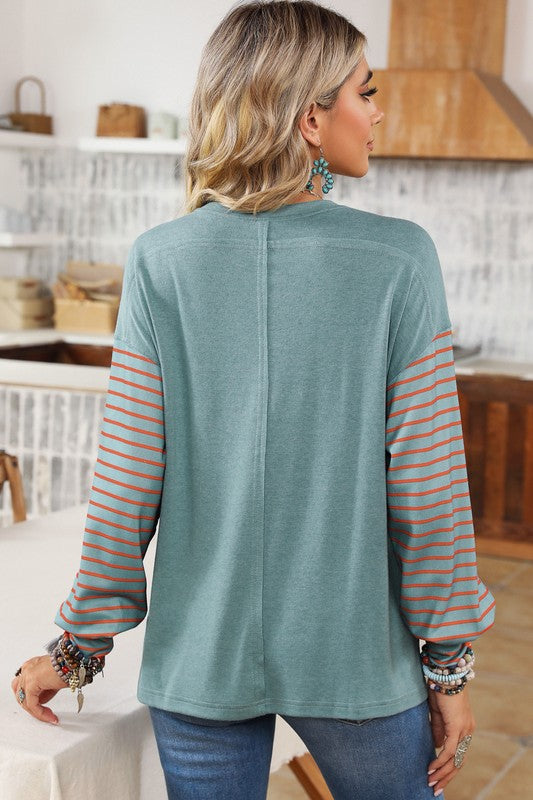 Colorblock Striped Bishop Sleeve Side Slits Top - Tigbul's Variety Fashion Shop