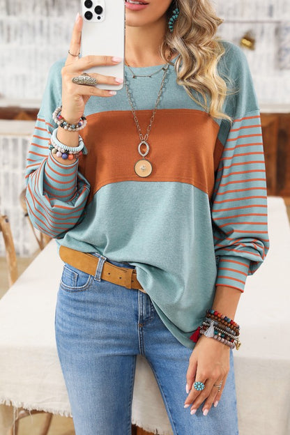 Colorblock Striped Bishop Sleeve Side Slits Top - Tigbul's Variety Fashion Shop