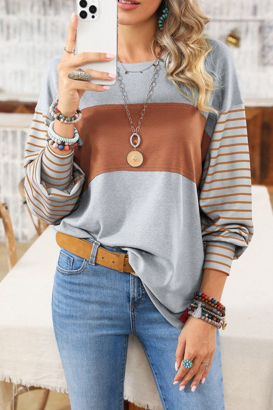 Colorblock Striped Bishop Sleeve Side Slits Top - Tigbul's Variety Fashion Shop