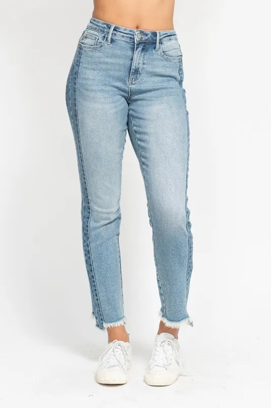 Judy Blue Full Size Vintage Wash Side Panel Detail with Fray Hem Slim Plus Size - Tigbul's Variety Fashion Shop