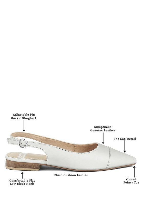 White slingback flats with cushioned insole, low block heel and closed pointed toe