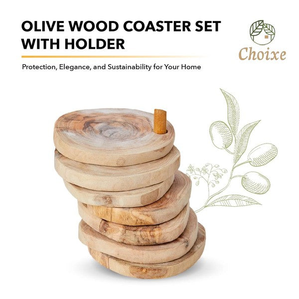 Olive Wood Coaster Set with Holder -7 Pcs - Tigbuls Variety Fashion