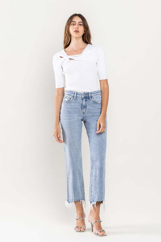 High Rise Distressed Hem Crop Dad Jeans - Tigbul's Variety Fashion Shop