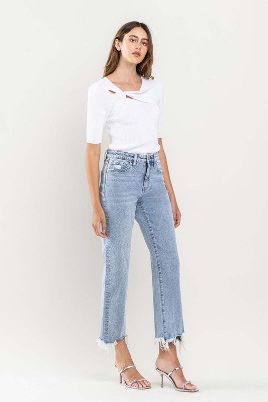 High Rise Distressed Hem Crop Dad Jeans - Tigbul's Variety Fashion Shop