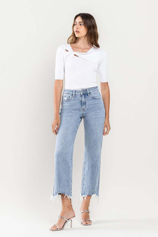 High Rise Distressed Hem Crop Dad Jeans - Tigbul's Variety Fashion Shop