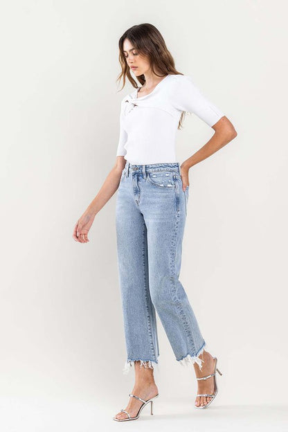 High Rise Distressed Hem Crop Dad Jeans - Tigbul's Variety Fashion Shop