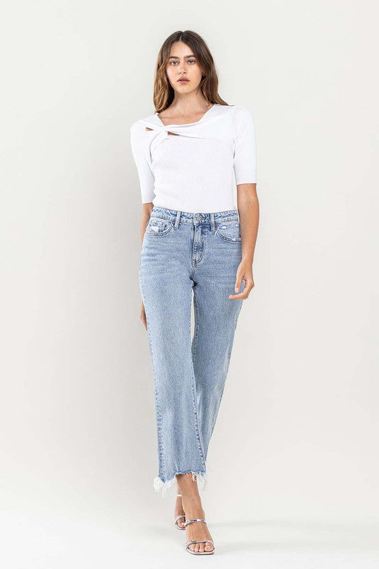 High Rise Distressed Hem Crop Dad Jeans - Tigbul's Variety Fashion Shop