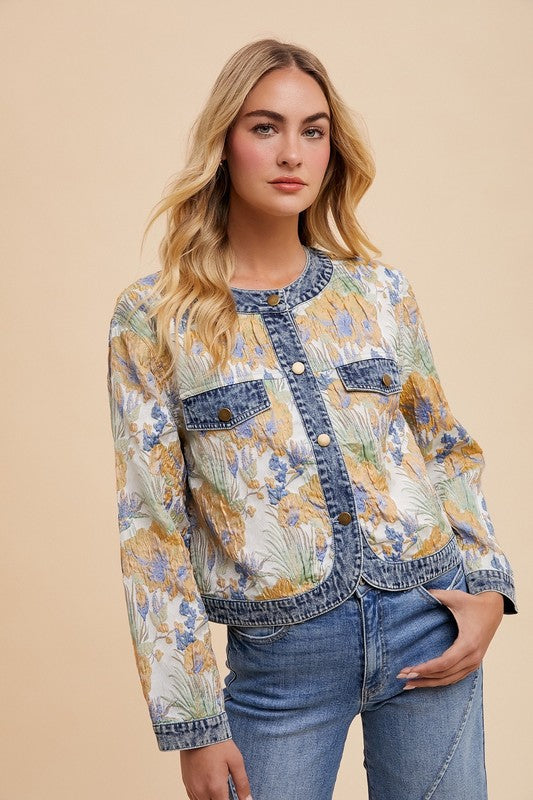 Annie Wear Floral Jacquard Denim Contrast Button Down Jacket - Tigbul's Variety Fashion Shop