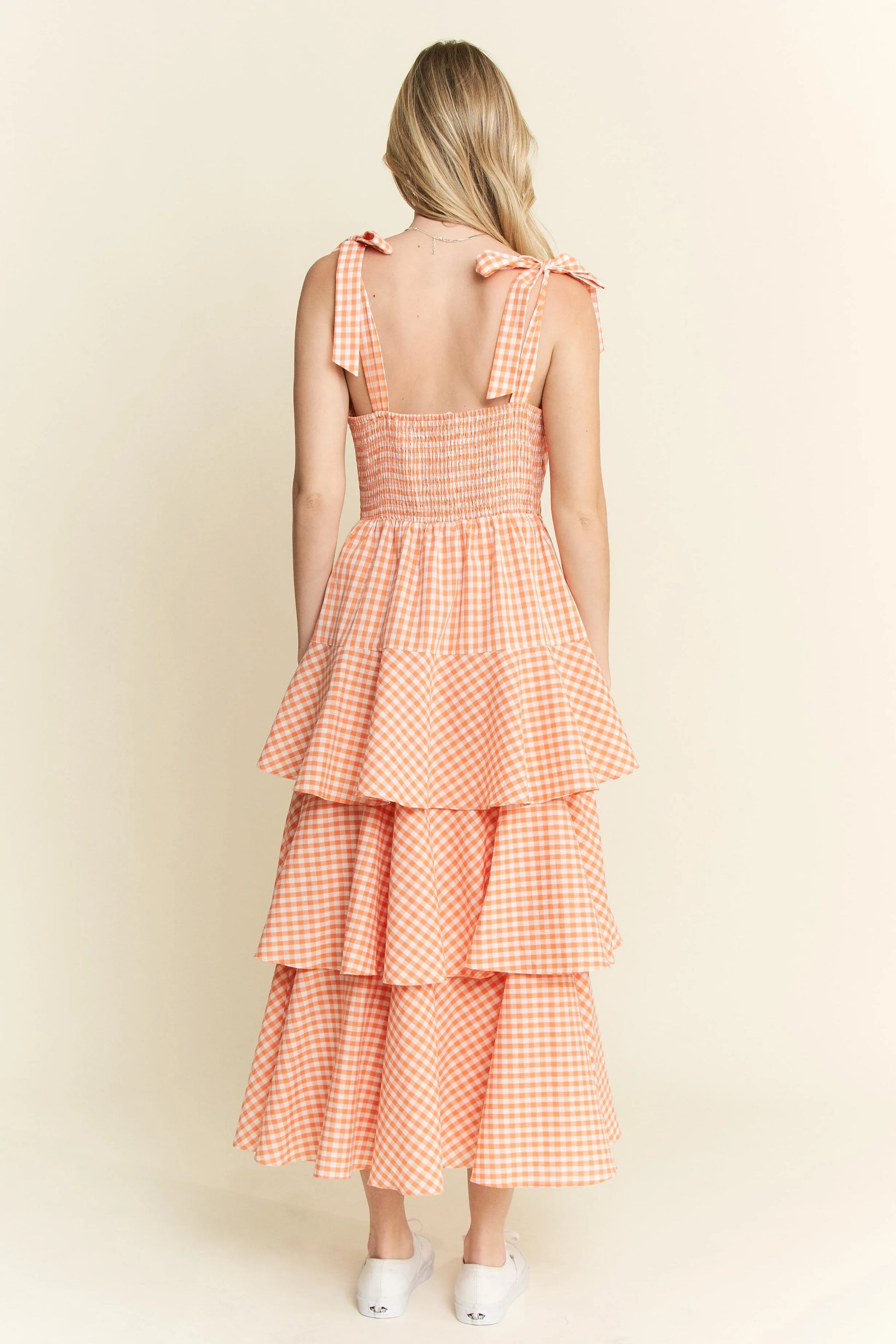 Orange Sleeveless Gingham Print Tiered Midi Dress - Tigbul's Variety Fashion Shop
