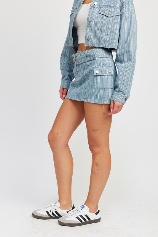 Belted Blue Denim Mini Skirt with Pocket Details - Tigbul's Variety Fashion Shop