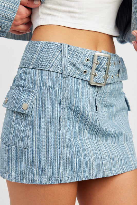 Belted Blue Denim Mini Skirt with Pocket Details - Tigbul's Variety Fashion Shop