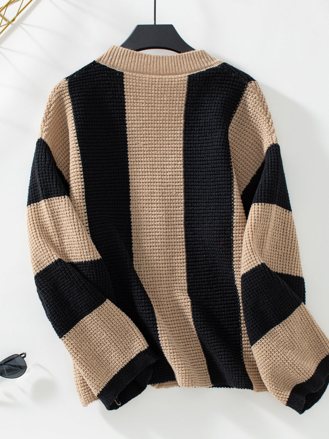 Waffle-Knit V-Neck Striped Long Sleeve Cardigan - Tigbul's Variety Fashion Shop