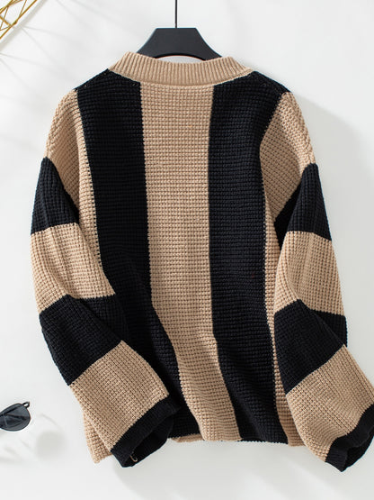 Waffle-Knit V-Neck Striped Long Sleeve Cardigan - Tigbul's Variety Fashion Shop