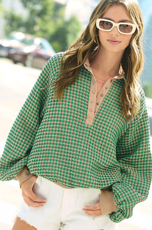 Oversized Two-Tone Textured Long Sleeve Top - Tigbul's Variety Fashion Shop