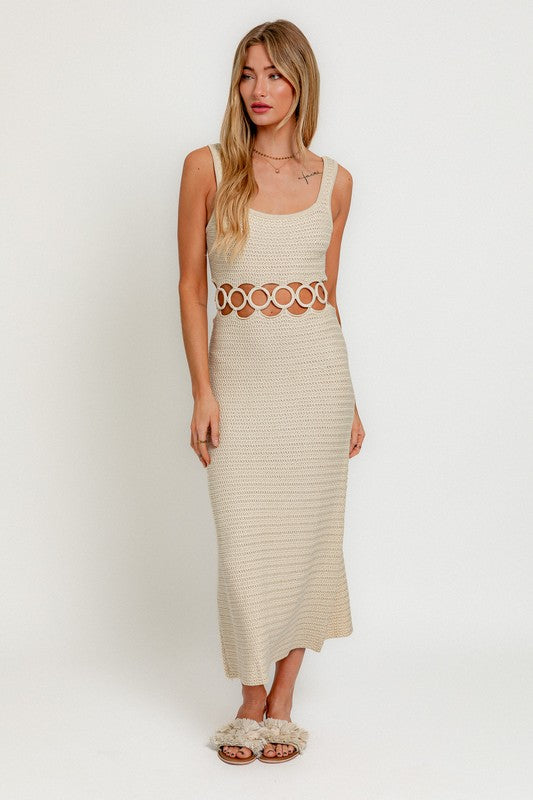 Size Small Cream Color Square Neck Sleeveless Crochet Midi Dress - Tigbul's Variety Fashion Shop