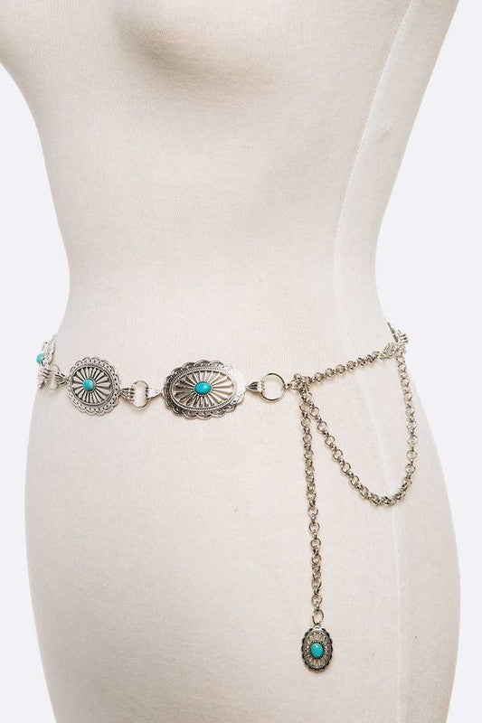 Oval Turquoise Concho Chain Belt - Tigbul's Variety Fashion Shop