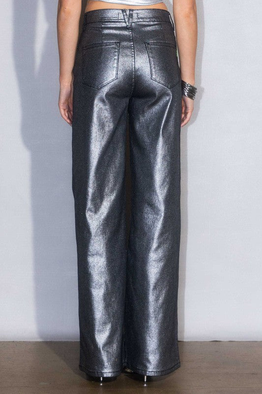 Metallic High Rise Wide Jeans - Tigbuls Variety Fashion