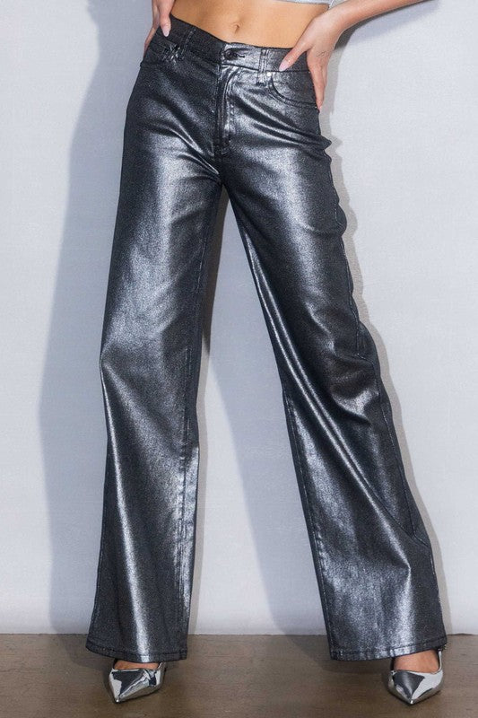 Metallic High Rise Wide Jeans - Tigbuls Variety Fashion