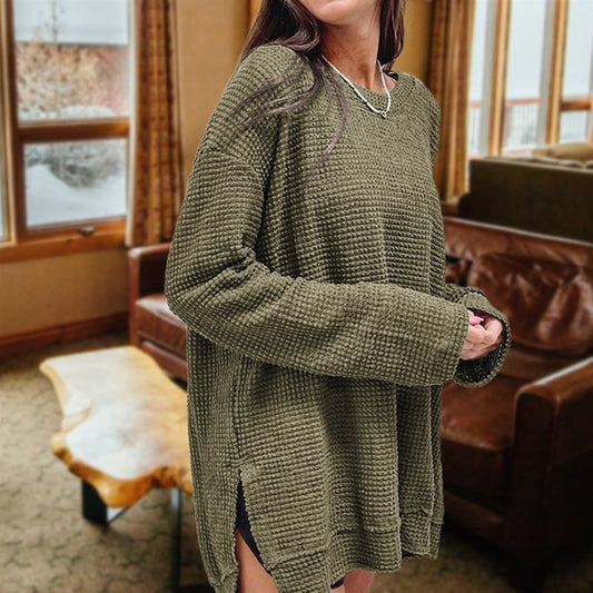Waffle Knit Drop Sleeve Side Slits Oversized Top - Tigbul's Variety Fashion Shop