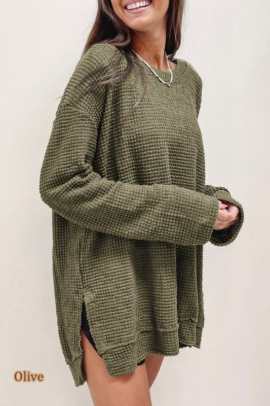 Waffle Knit Drop Sleeve Side Slits Oversized Top - Tigbul's Variety Fashion Shop