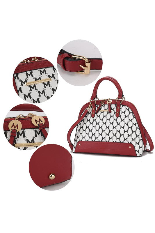 Frida satchel set with matching wallet in wine and white monogram, top handle and strap