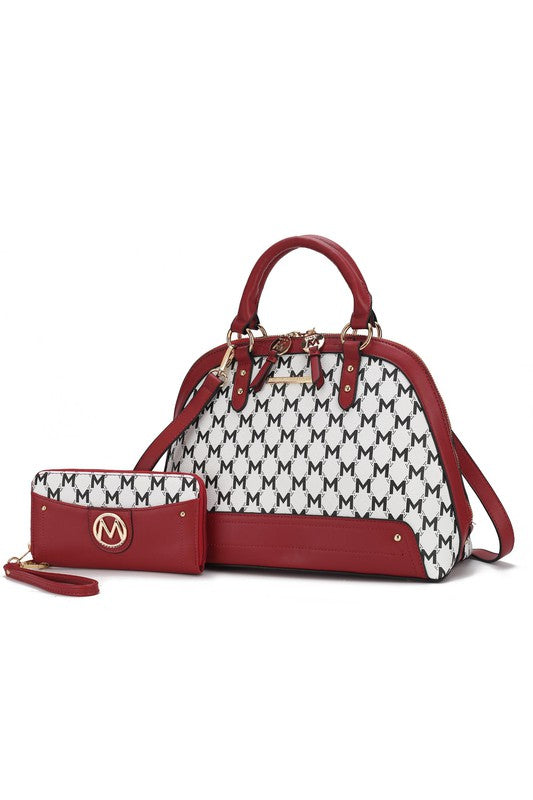 Frida satchel with matching wallet, red-and-white monogram pattern, top handles and shoulder strap