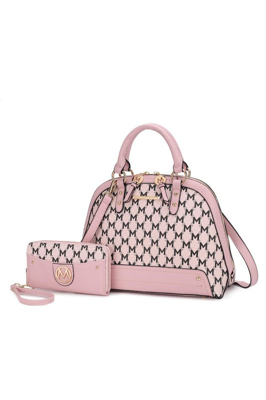 Frida satchel with matching wallet in pink and white monogram pattern, top handles