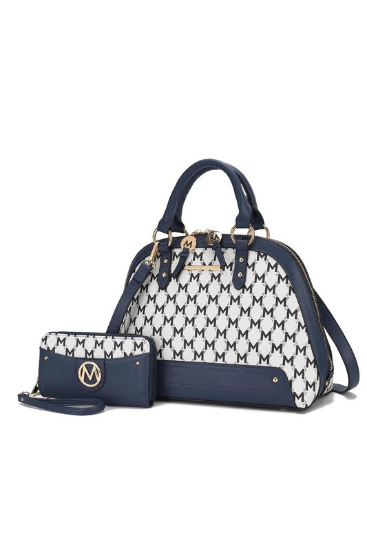 Frida satchel with matching wallet, navy-and-white monogram pattern, top handles and strap