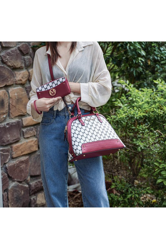 MKF Frida satchel with matching wallet, wine-and-white monogram pattern, crossbody style