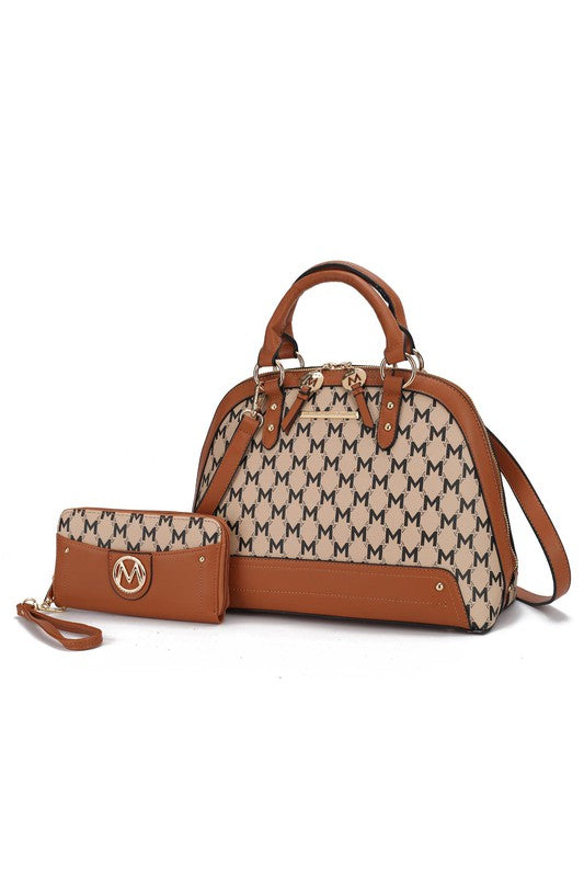 Frida satchel with matching wallet, cognac brown and white monogram pattern, top handles