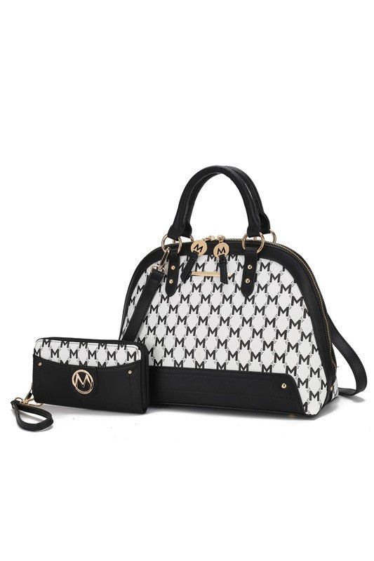 Frida satchel with matching wallet, black-and-white monogram, top handles and shoulder strap