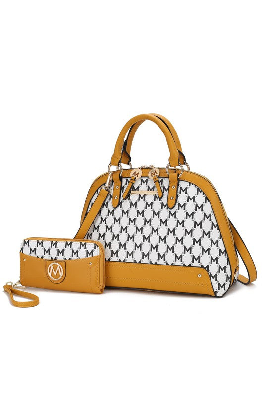 Frida satchel with matching wallet, mustard and white monogram pattern, top handles and strap