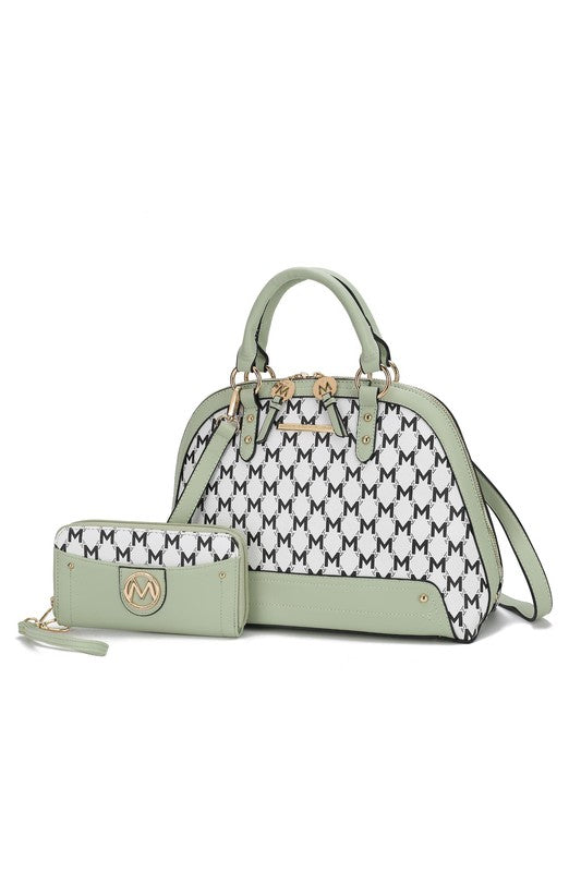 Frida satchel with matching wallet in mint and white monogram pattern, top handles