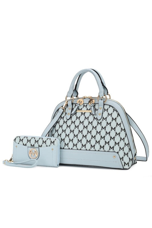 Frida satchel with matching wallet in light blue and white monogram pattern, top handles