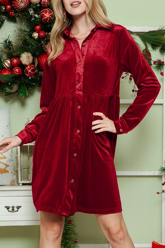 Button down Velvet long sleeve dress - Tigbul's Variety Fashion Shop