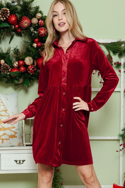 Button down Velvet long sleeve dress - Tigbul's Variety Fashion Shop