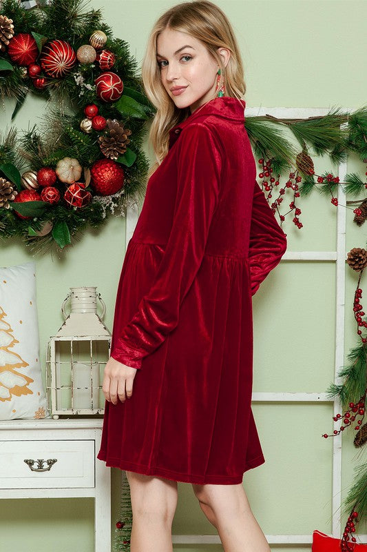 Button down Velvet long sleeve dress - Tigbul's Variety Fashion Shop