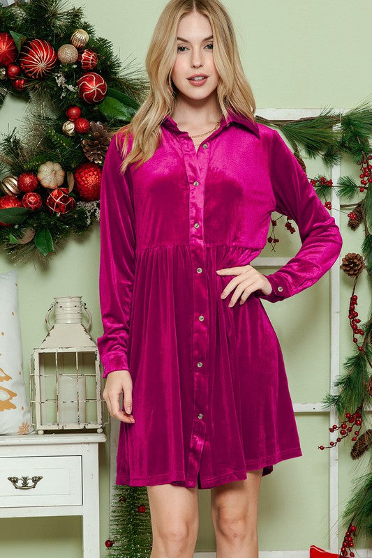 Button down Velvet long sleeve dress - Tigbul's Variety Fashion Shop