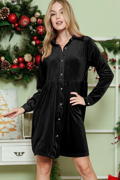 Button down Velvet long sleeve dress - Tigbul's Variety Fashion Shop