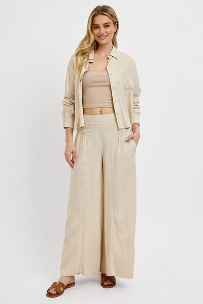 Tan Shirring Detail Wide Leg Pants - Tigbul's Variety Fashion Shop