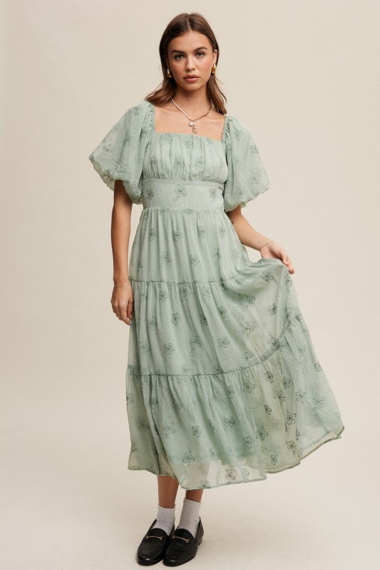 Flower Embroidered Puff Sleeve Tiered Maxi Dress - Tigbul's Variety Fashion Shop