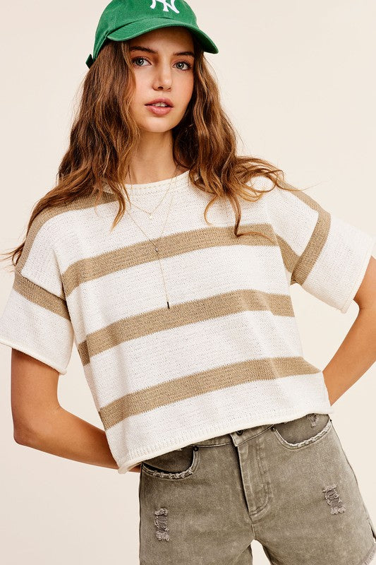 Lightweight Stripe Sweater Short Sleeve Top - Tigbul's Variety Fashion Shop