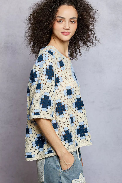 POL Round Neck Short Sleeve Color Pattern Crochet Top with Border Accents - Tigbul's Variety Fashion Shop