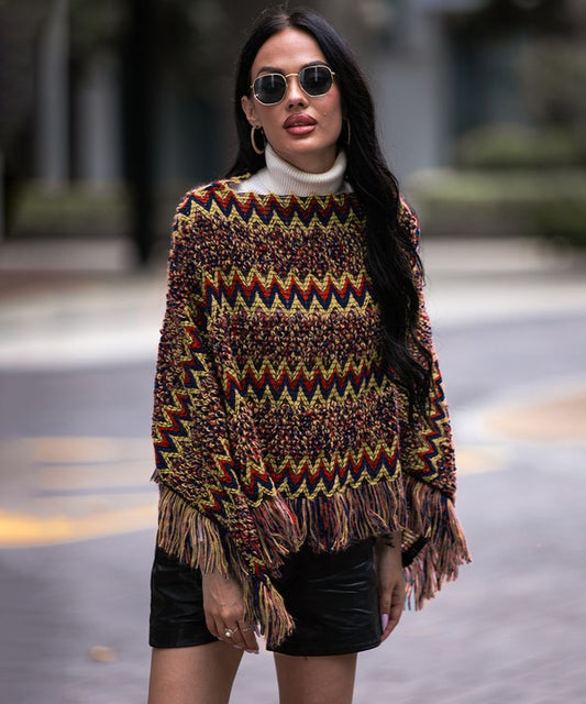 Red Fringe Trim Batwing Sleeve Poncho Sweater - Tigbul's Variety Fashion Shop