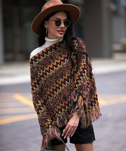 Red Fringe Trim Batwing Sleeve Poncho Sweater - Tigbul's Variety Fashion Shop