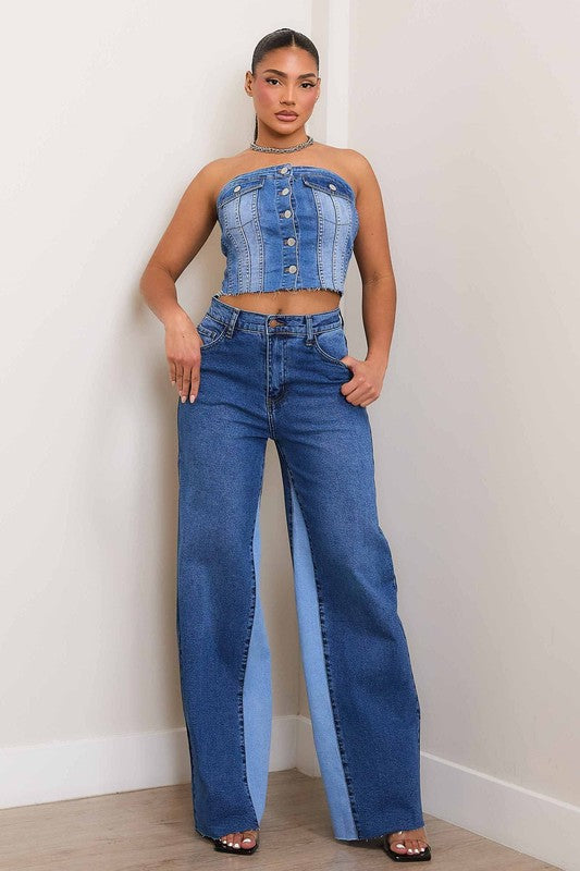 Blue High-Rise Color Block Wide Leg Jeans - Tigbuls Variety Fashion